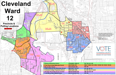 Map of Cleveland Ward 12 showing the boundaries of the ward including Slavic Village, Old Brooklyn, Brooklyn Center, and Tremont.