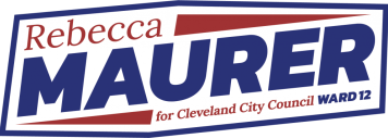 A text logo inside of a rectangular hexagon with red and blue text reading Rebecca Maurer for Cleveland City Council Ward 12